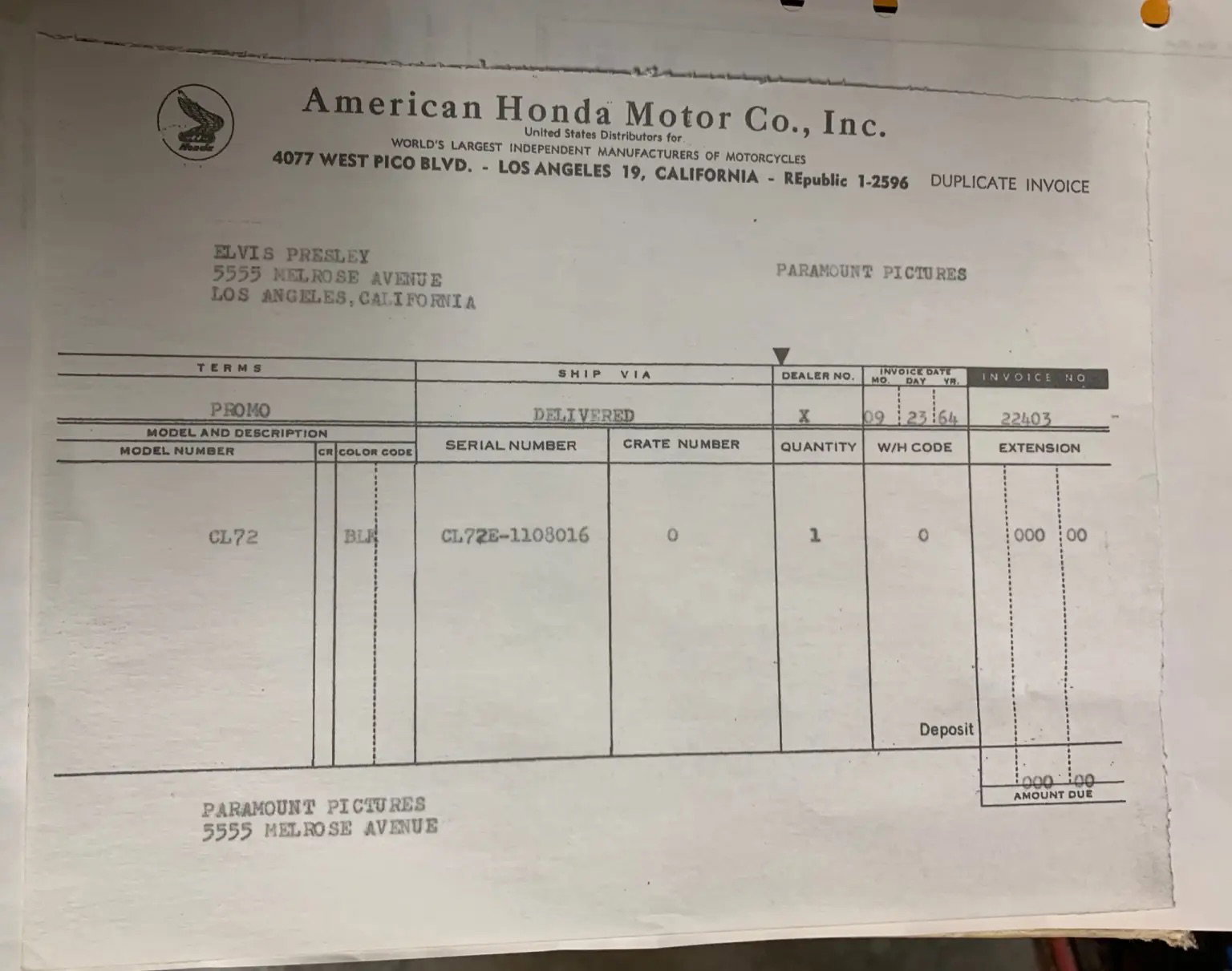 The paperwork linking the bike to Presley