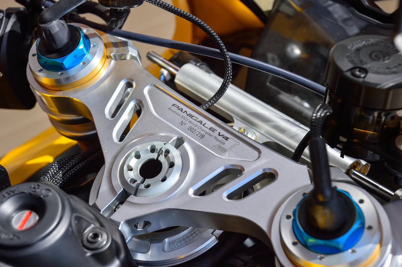 The top clamp of a Ducati Panigale V4S
