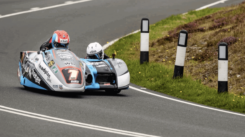 Ben Birchall and Kevin Rousseau during a 2023 Manx GP sidecar tyre test.