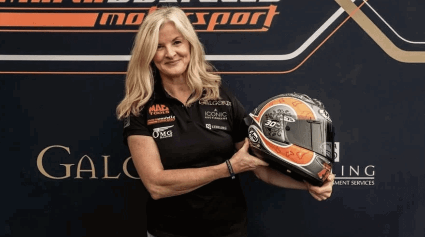 Maria Costello with a special anniversary helmet at the TT. Credit: Maria Costello/Facebook