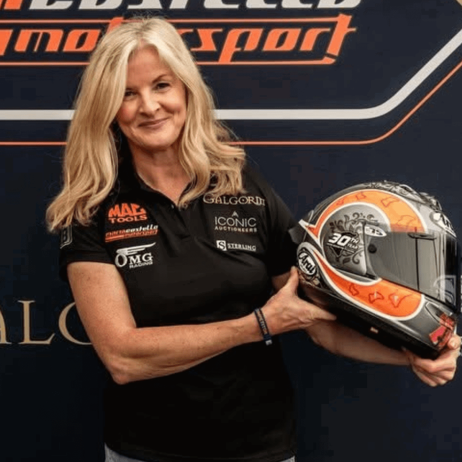 Maria Costello with a special anniversary helmet. Credit: Maria Costello/Facebook.