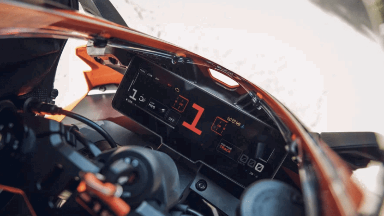 The dash on a 2026 KTM 990 RC R.