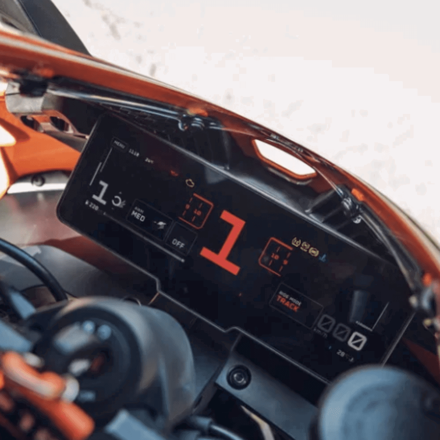The dash on a 2026 KTM 990 RC R.
