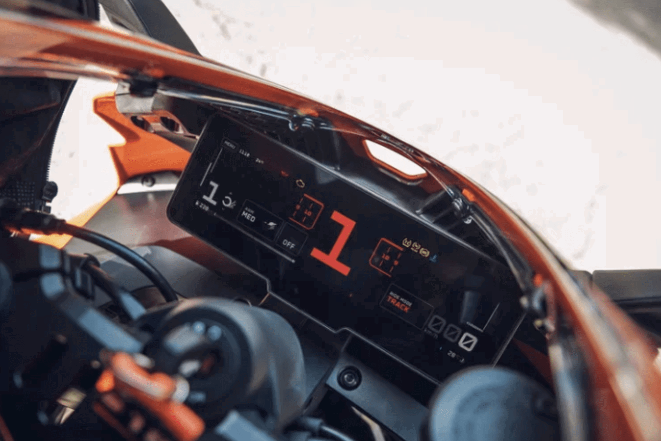 The dash on a 2026 KTM 990 RC R.