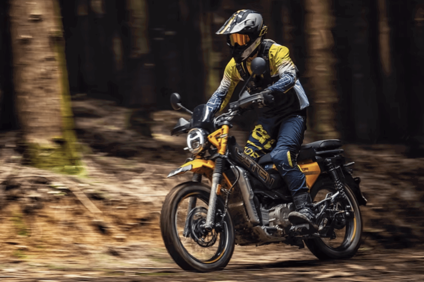 Leten LT190 riding in a forest. Credit: AJS Motorcycles.