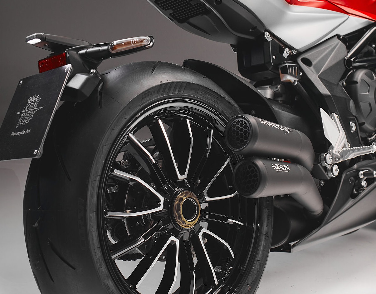 The rear wheel and exhaust system of an MV Agusta Superveloce