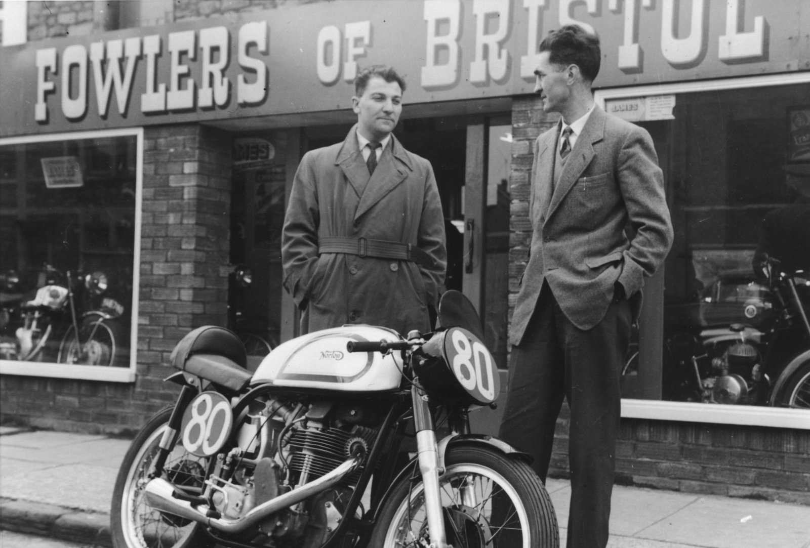 A Manx Norton outside Fowlers dealership in the 1960s.