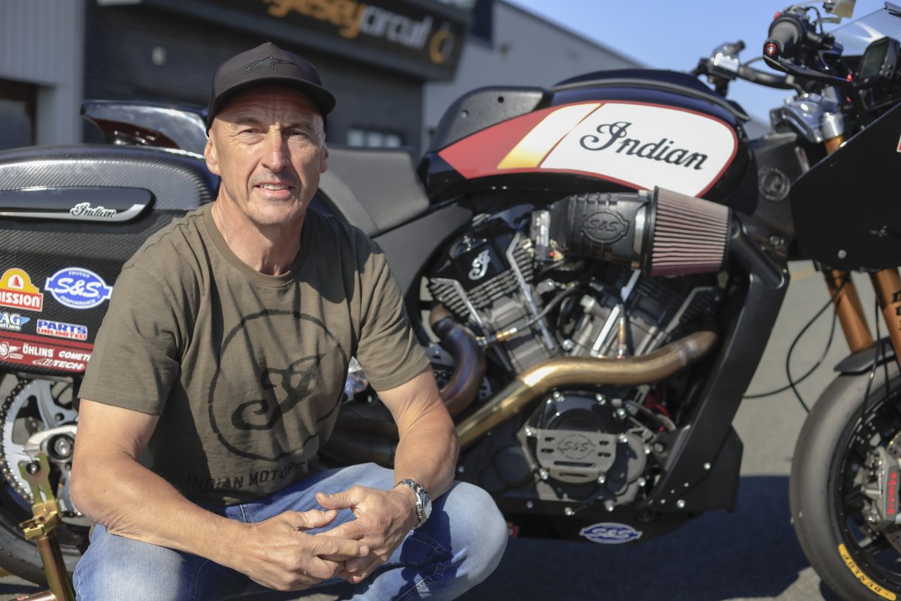 Jeremy McWilliams with an Indian motorcycle.