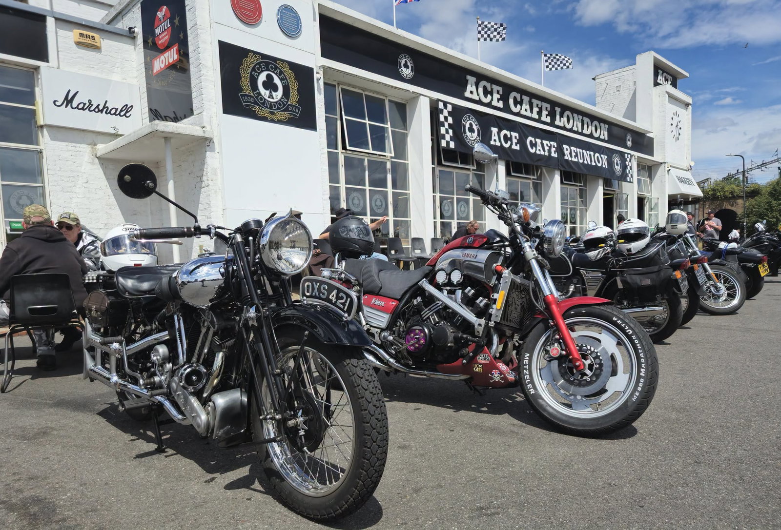 Motorcycles lined-up outside the cafe. Credit: Ace Cafe London/Facebook.