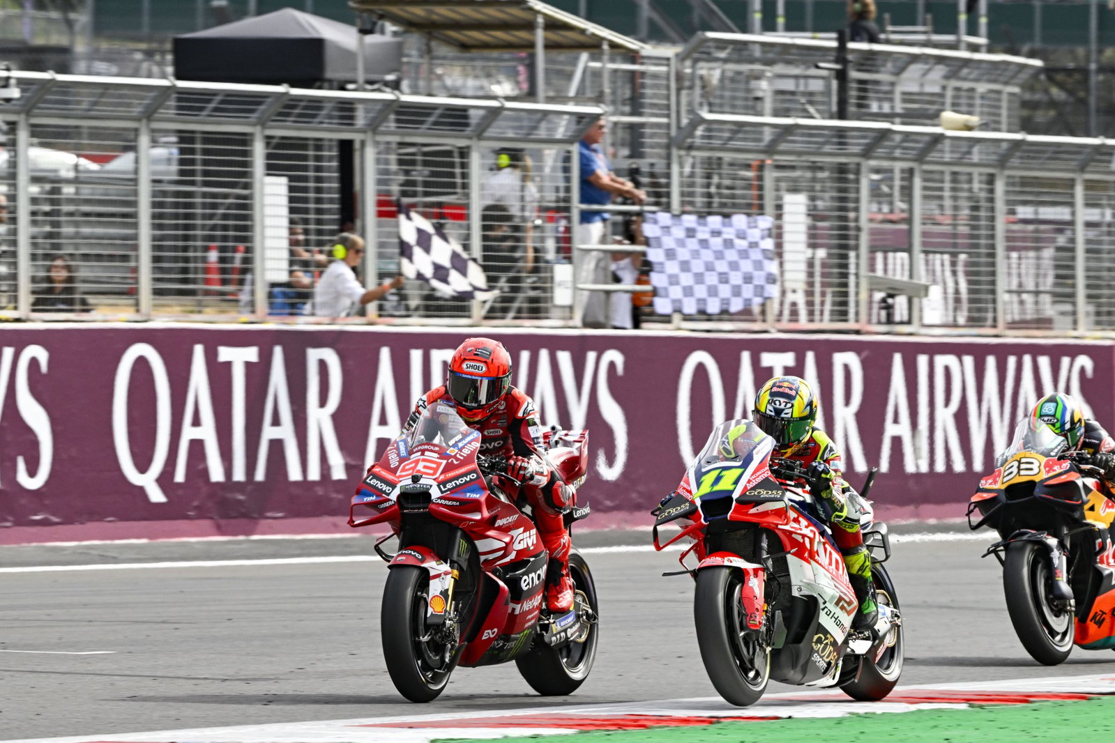 Marc Marquez after crossing the finish line at Silverstone. Credit: Gold and Goose.