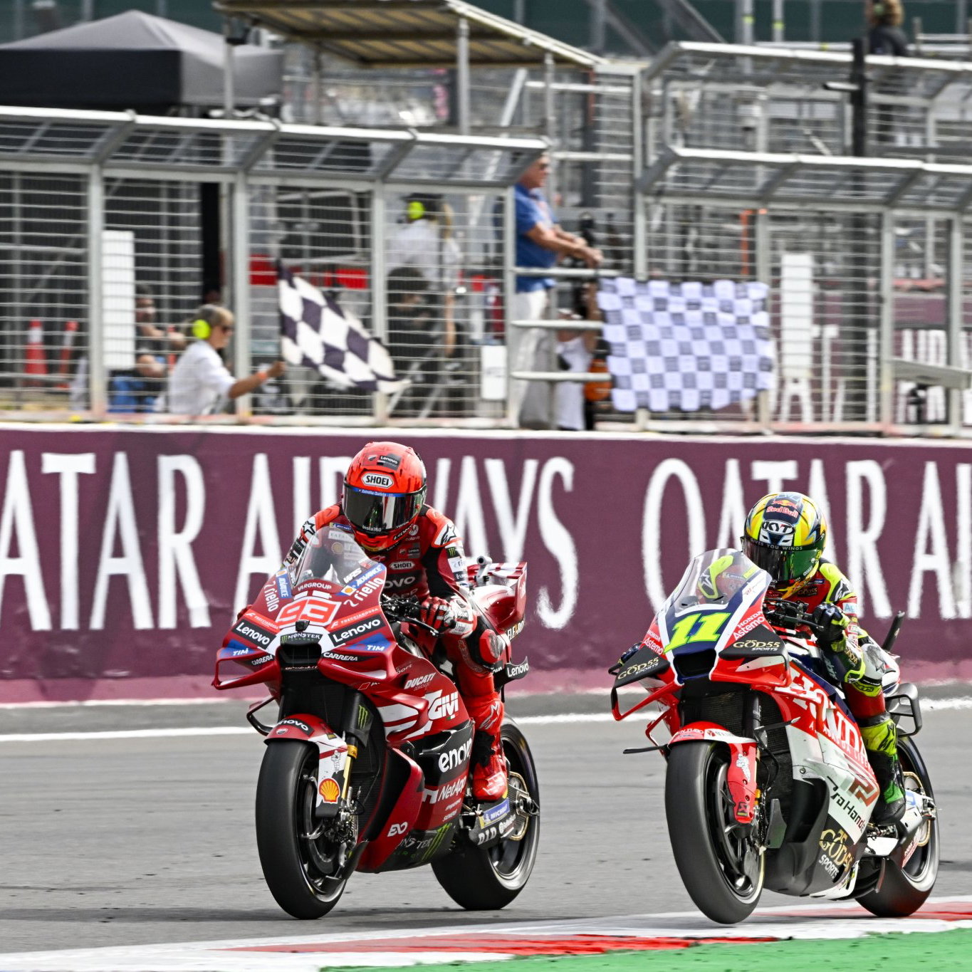 Marc Marquez after crossing the finish line at Silverstone. Credit: Gold and Goose.