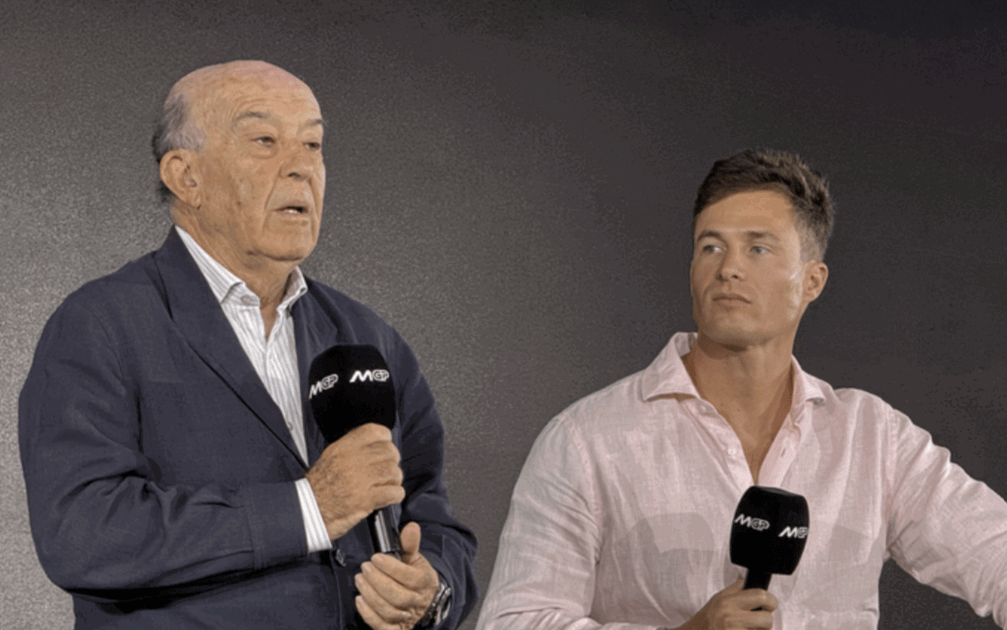 MotoGP CEO Carmelo Ezpeleta and Barry Sheene's son, Freddie.