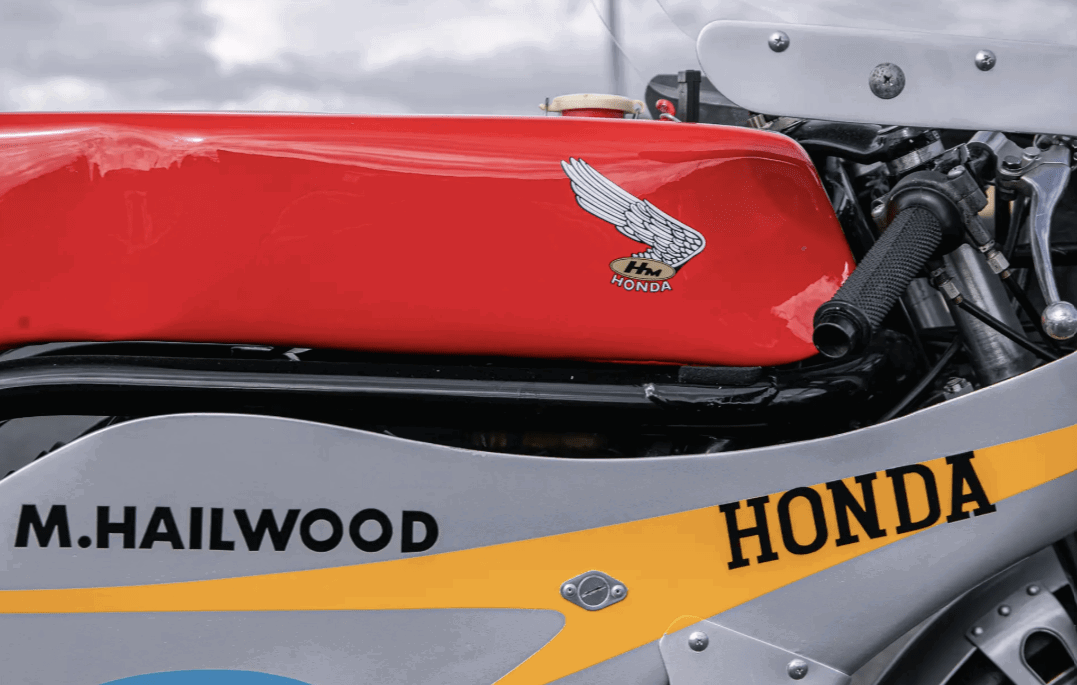 Fuel tank on the ex-Mike Hailwood Factory Honda RC173. Credit: Iconic Auctioneers.