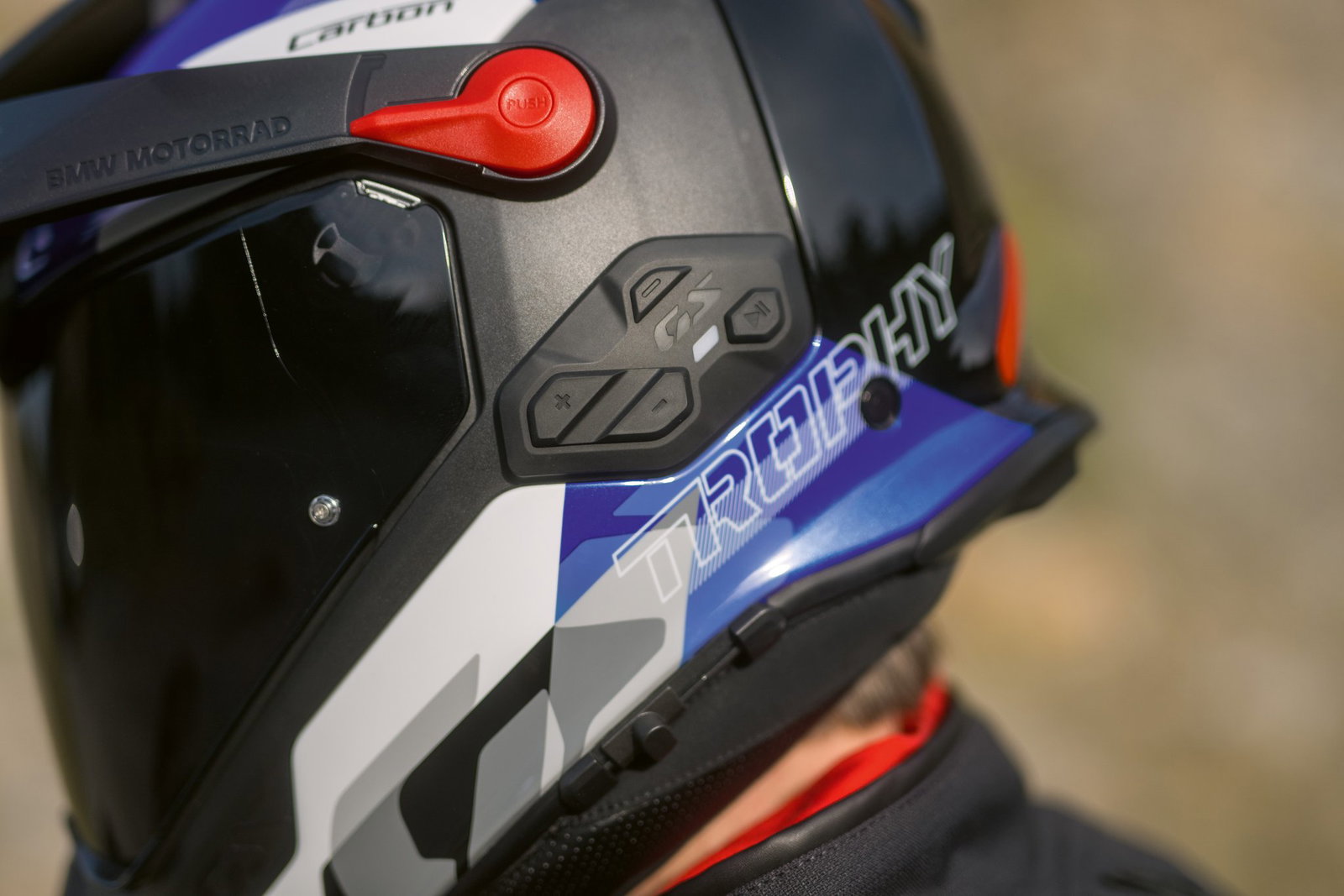 Sena comms system on a BMW GS Rallye Carbon helmet.
