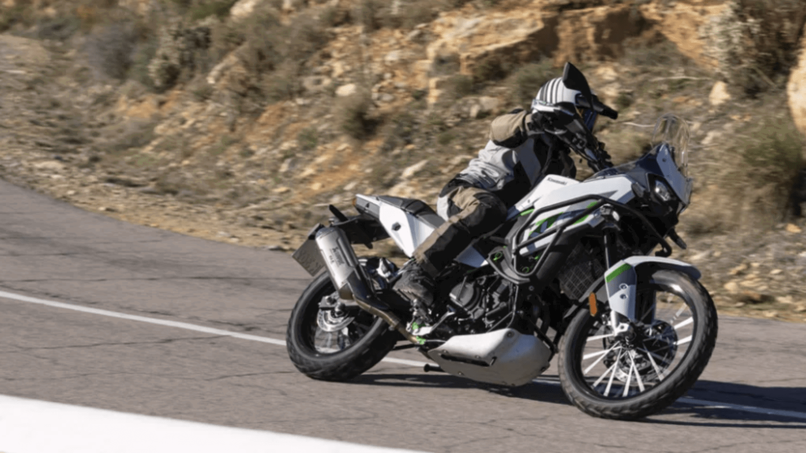 Kawasaki KLE500 riding on the road.