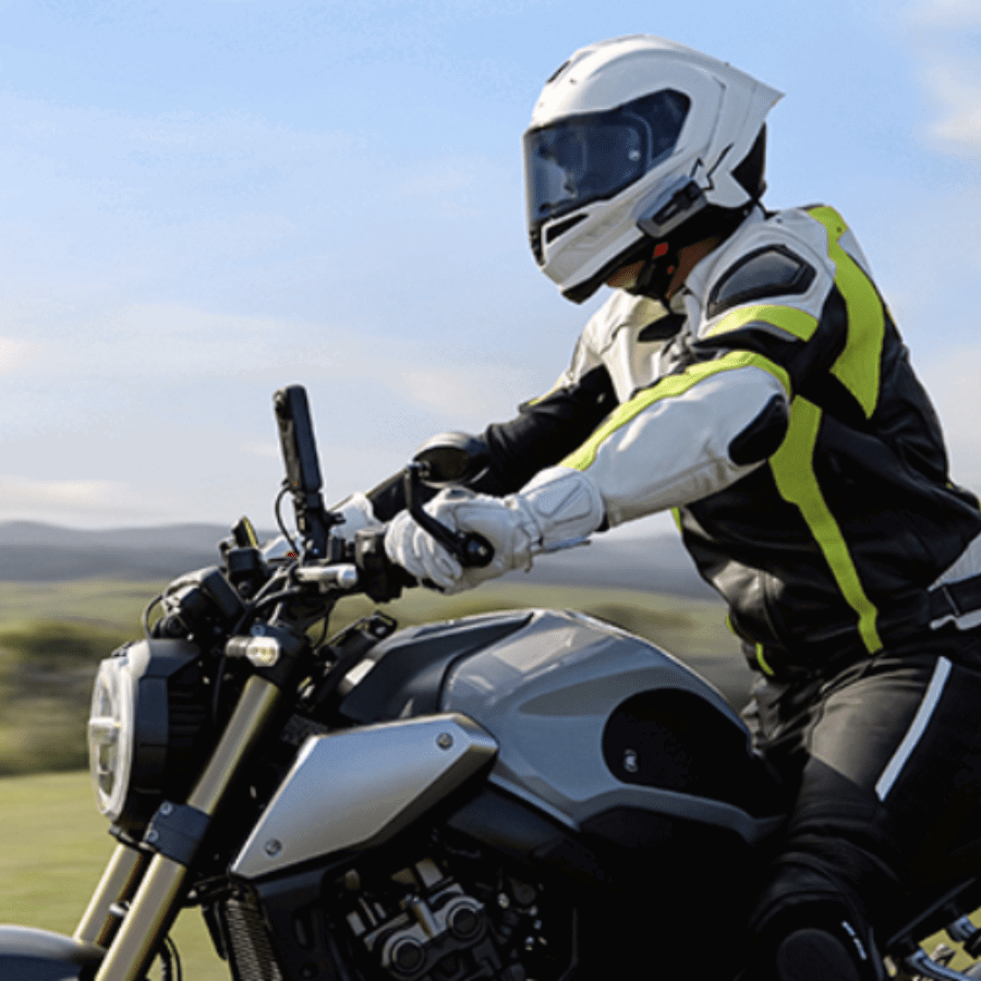 Motorcyclist riding with an Insta360 camera. Credit: Insta360.