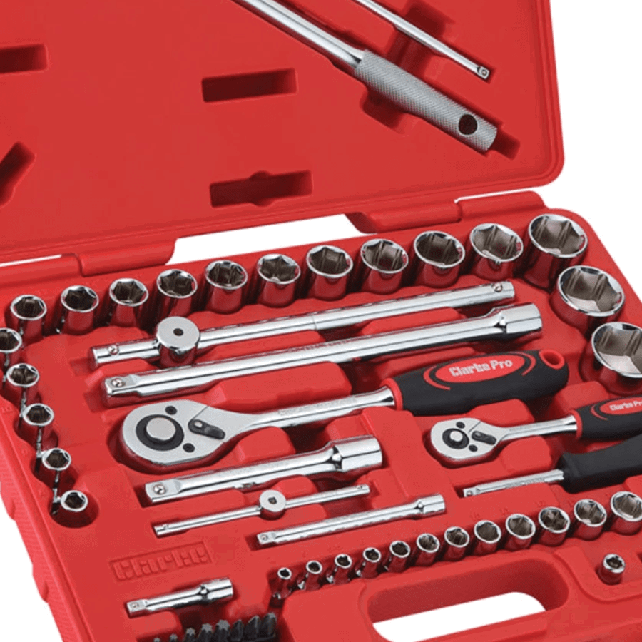 The Clarke PRO389 62 Piece 1/2" & 1/4" Drive Socket & Bit Set. Credit: Machine Mart.