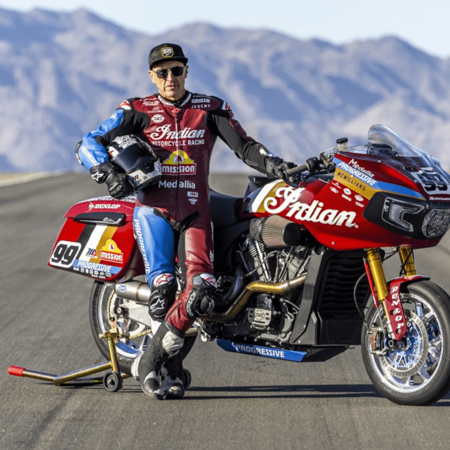 Jeremy McWilliams with an Indian Challenger race bike.