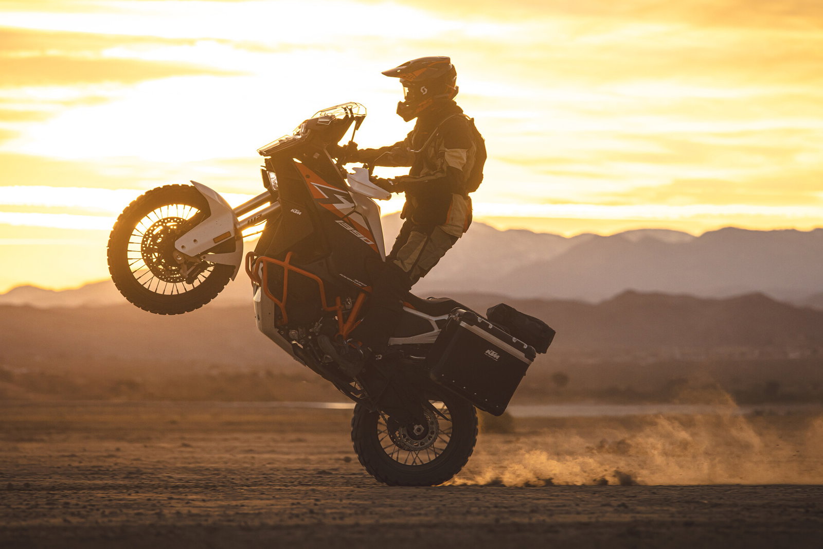A KTM 1390 Super Adventure R pulling a wheelie