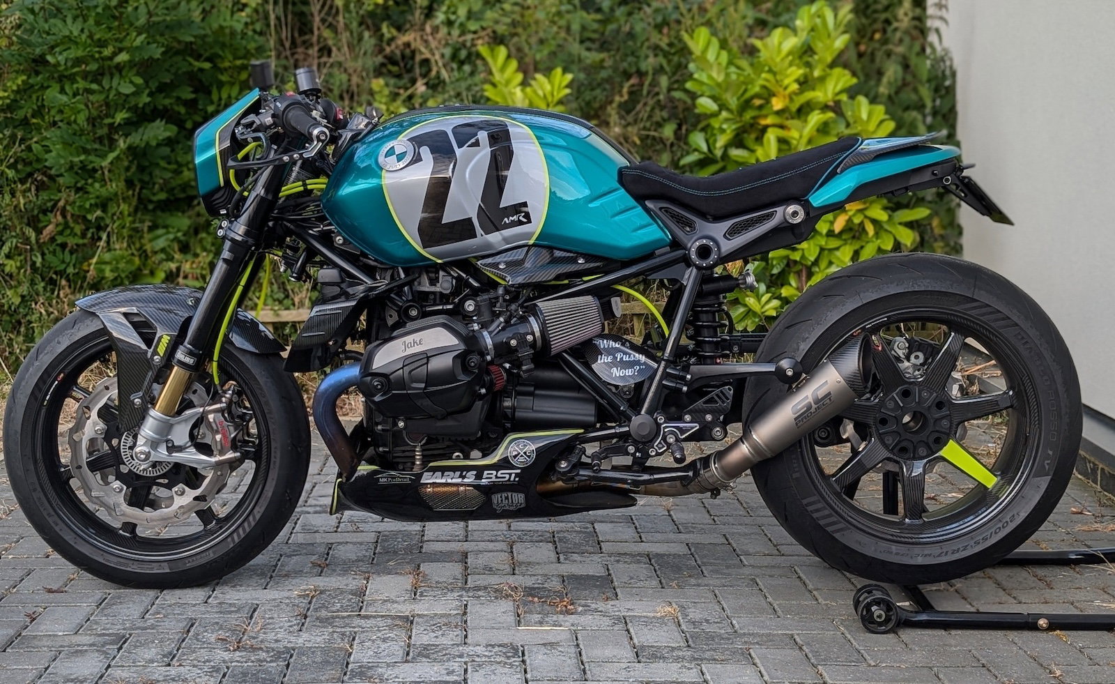A custom BMW R nine T Aston Martin F1 tribute