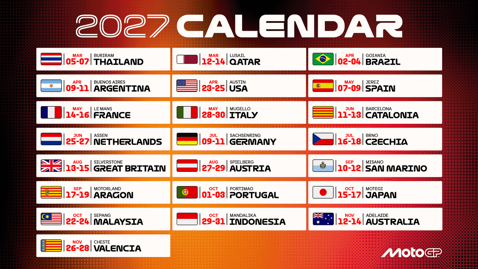 MotoGP announces 22 rounds and two new destinations as part of 2027 calendar.