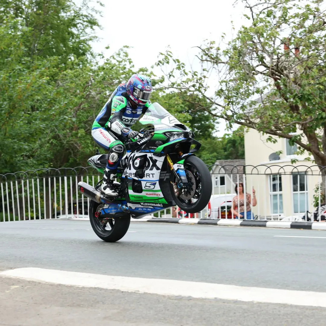 David Johnson pulling a wheelie at the TT. Credit: Isle of Man TT.