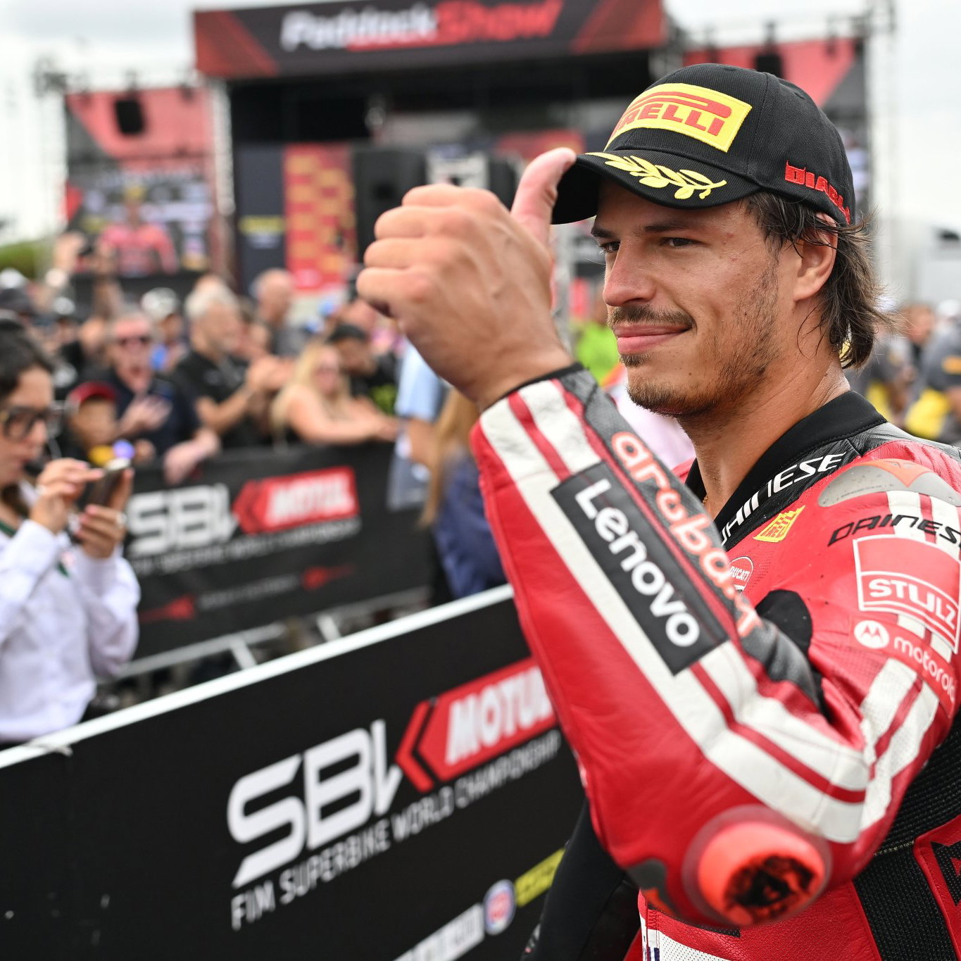 Nicolo Bulega after winning a WorldSBK race. Credit: Gold and Goose.