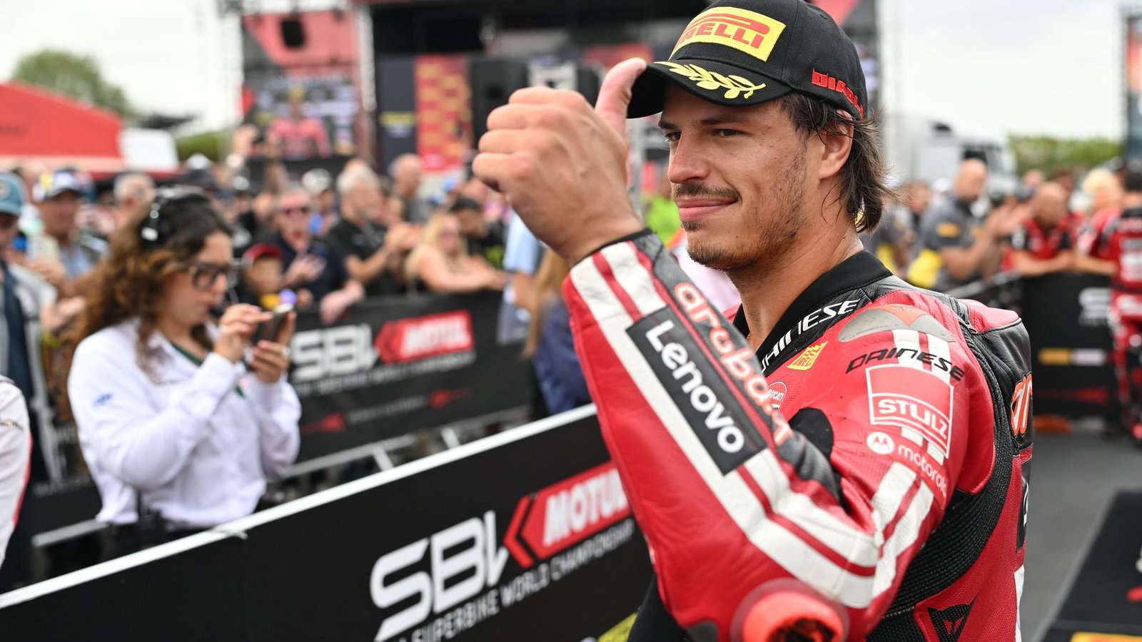 Nicolo Bulega after winning a WorldSBK race. Credit: Gold and Goose.