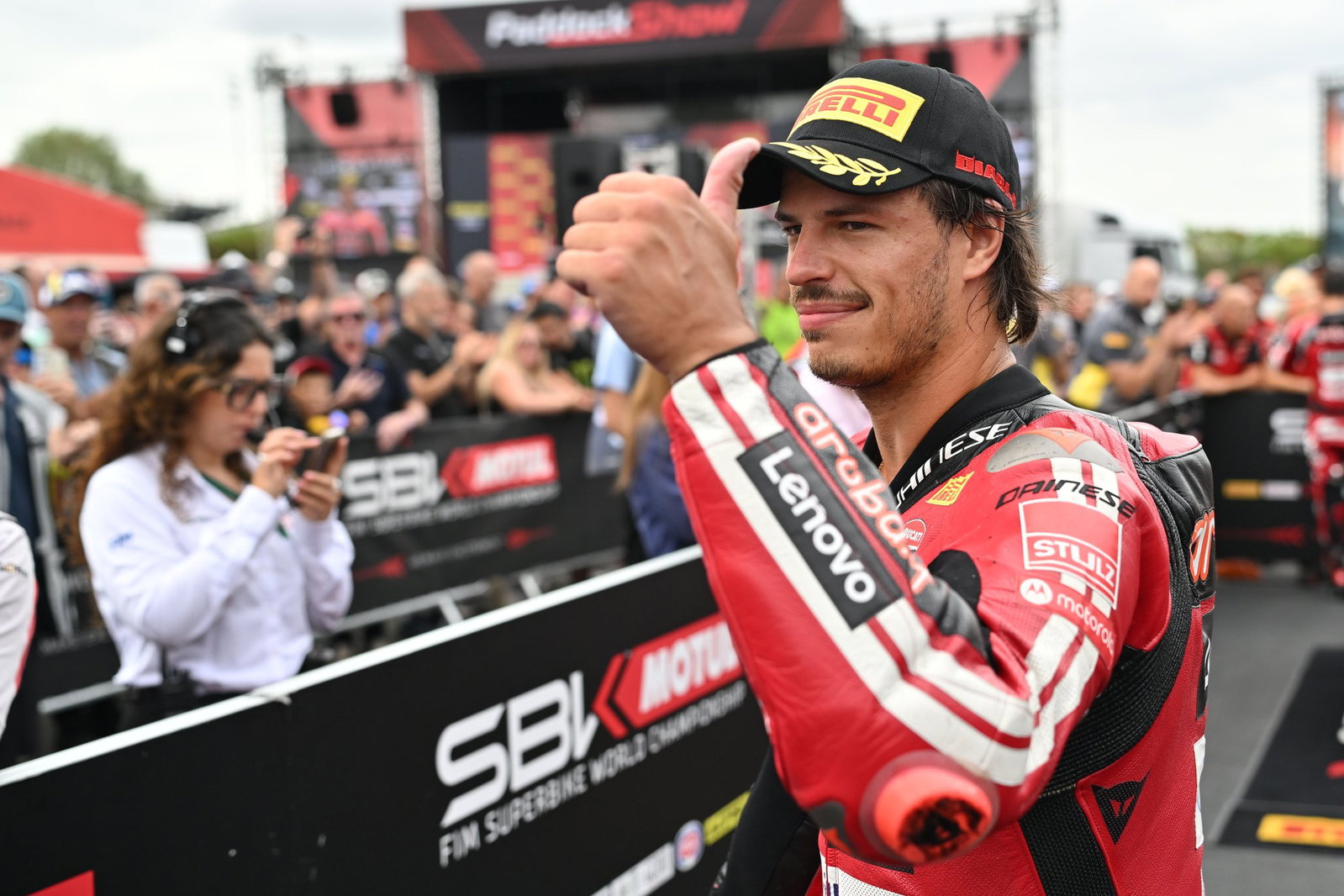 Nicolo Bulega after winning a WorldSBK race. Credit: Gold and Goose.