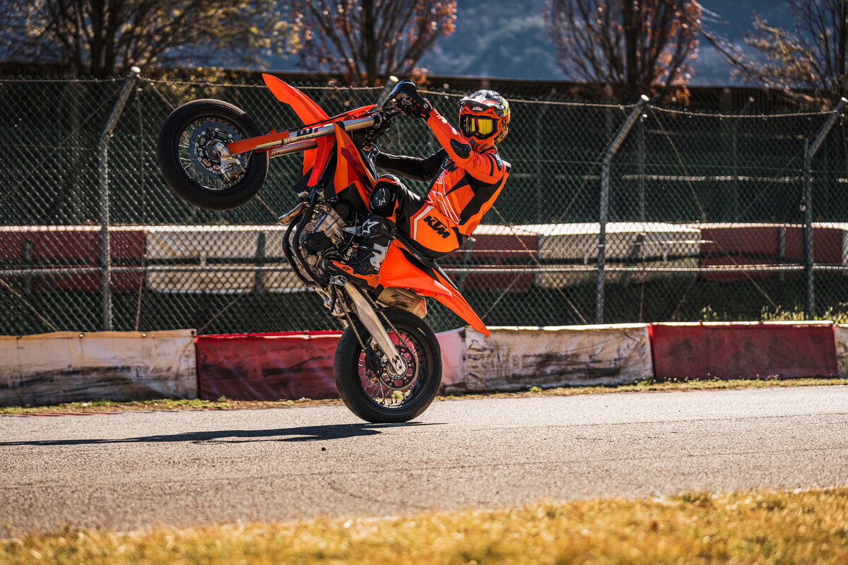 The new KTM 450 SMR pulling a wheelie.