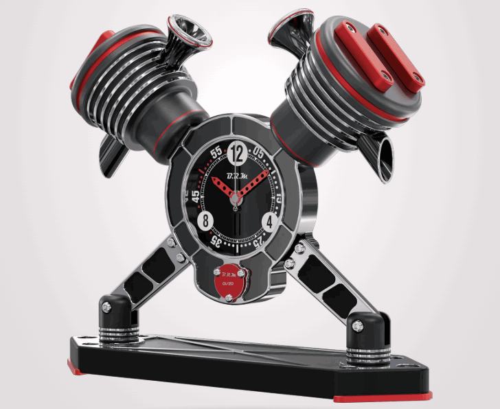 B.R.M V-twin motorcycle engine clock. Credit: B.R.M Chronographes.