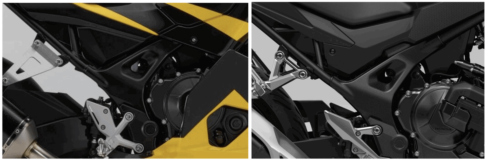 The frame of the new concept (L) and the existing CB750 (R)