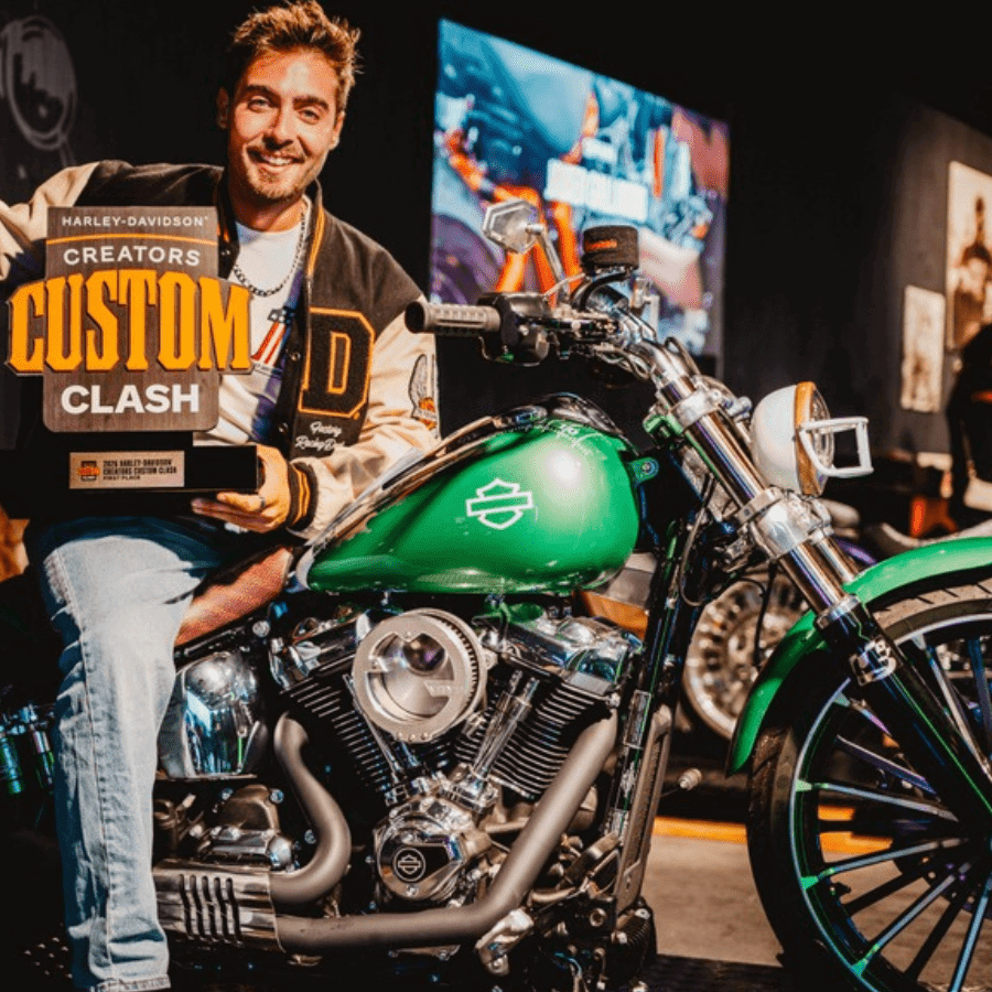 Jack NBC with his custom built Harley-Davidson Breakout.