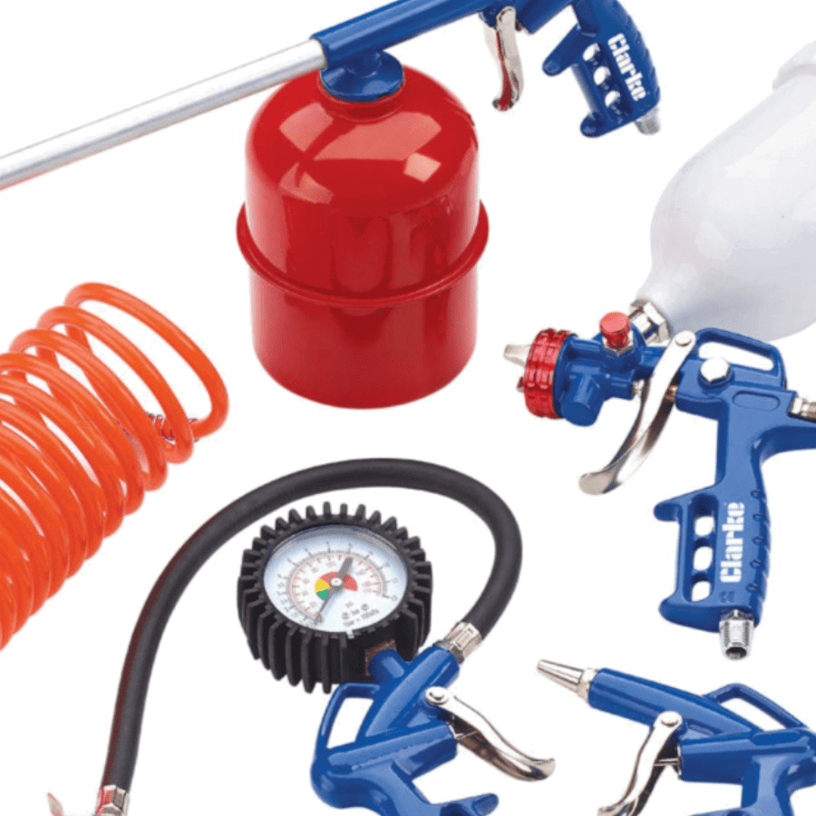 The Clarke KIT1100 5 Piece Air Tool Kit With Gravity Fed Spray Gun.