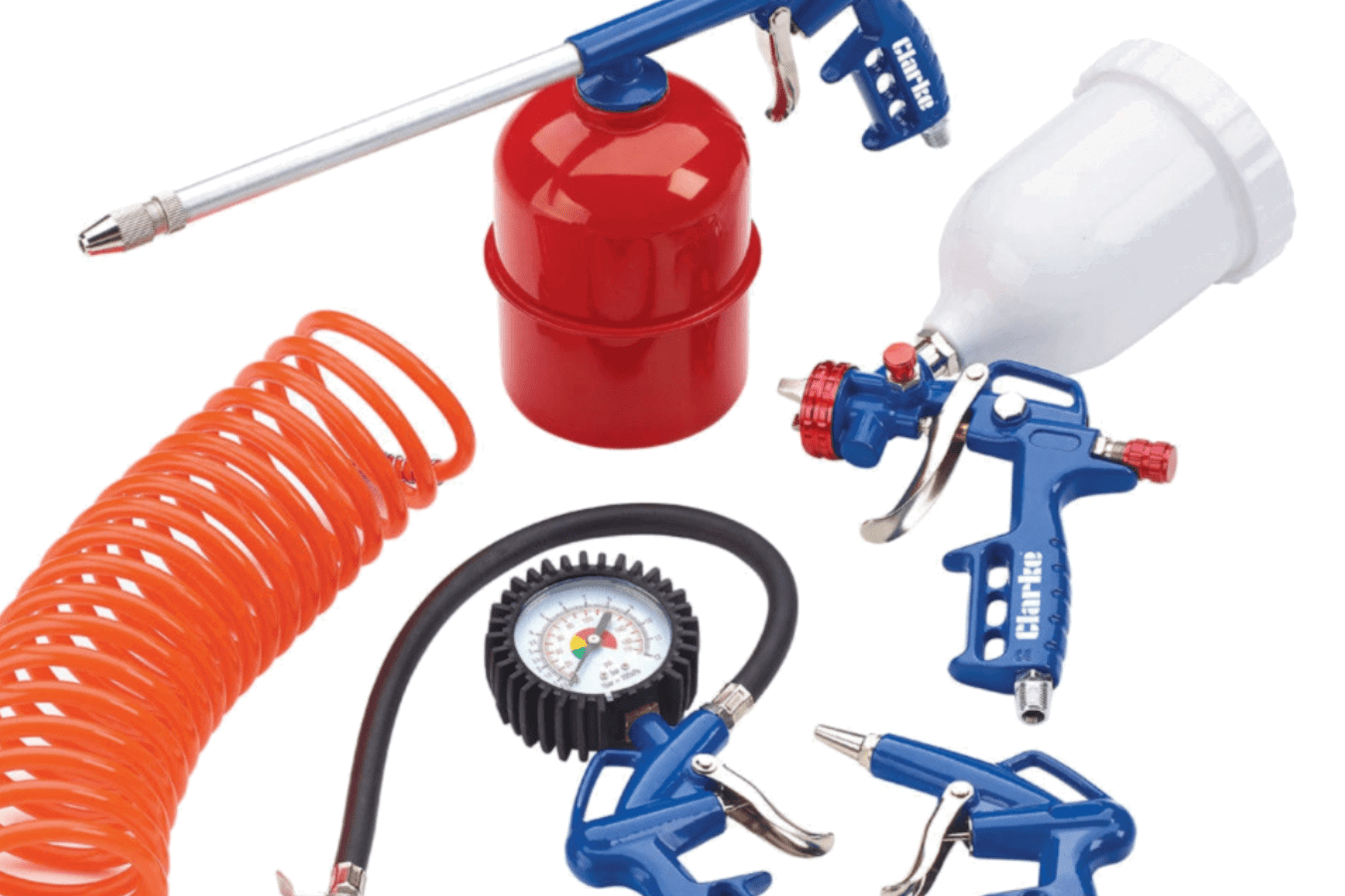 The Clarke KIT1100 5 Piece Air Tool Kit With Gravity Fed Spray Gun.