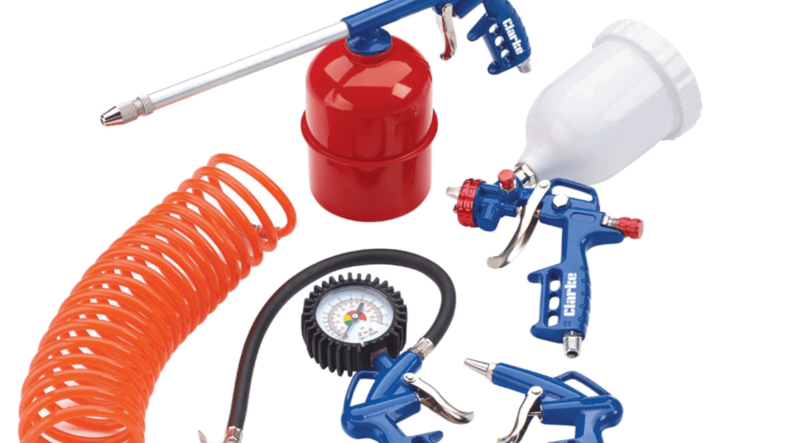 The Clarke KIT1100 5 Piece Air Tool Kit With Gravity Fed Spray Gun.