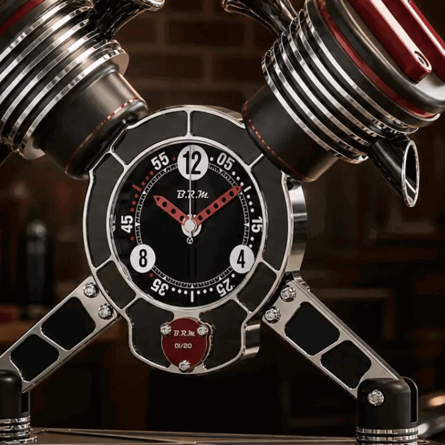V-twin-inspired engine desk clock. Credit: B.R.M Chronographes.