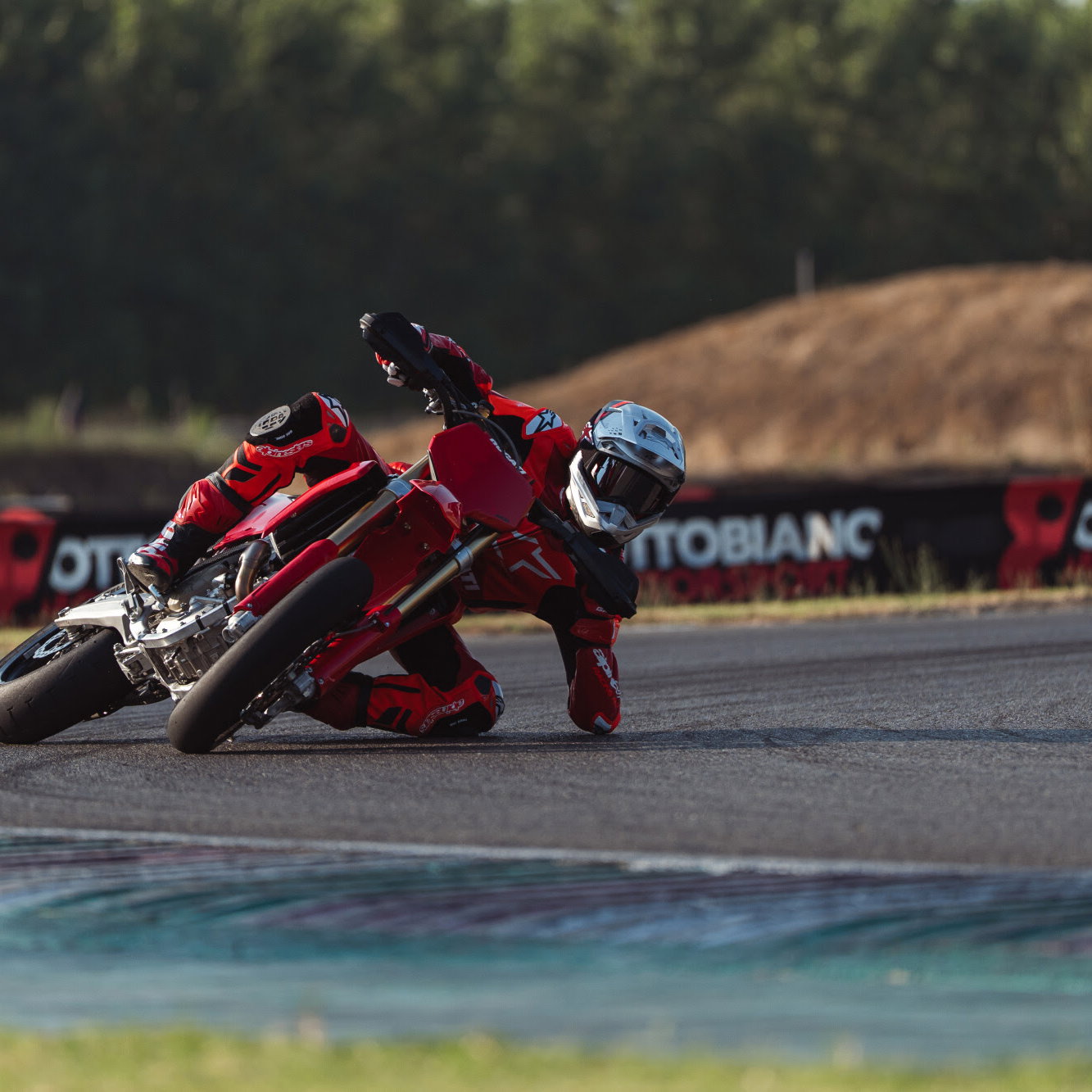 Ducati's new Desmo450 SM sliding on a track.