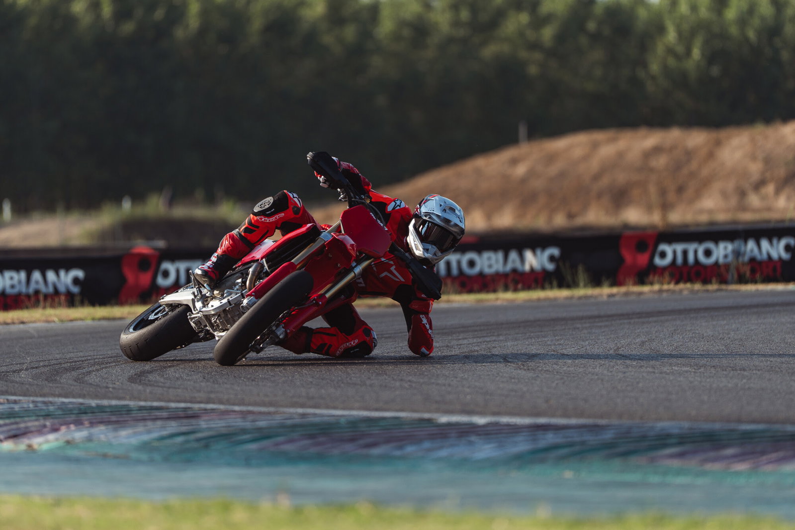 Ducati's new Desmo450 SM sliding on a track.