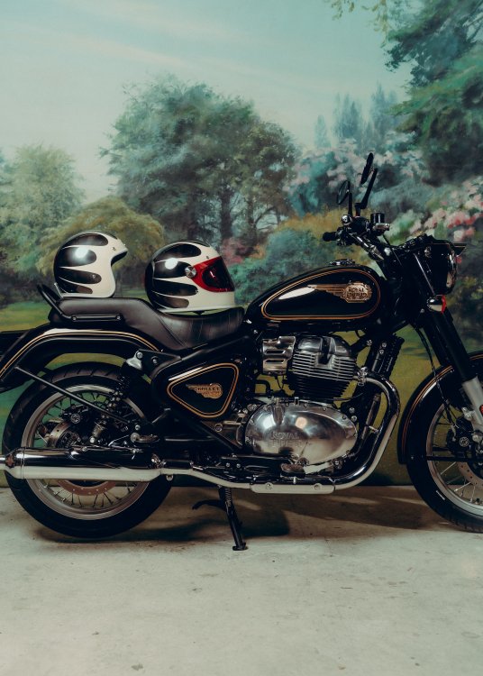 Royal Enfield x Hedon helmets with a Bullet motorcycle.