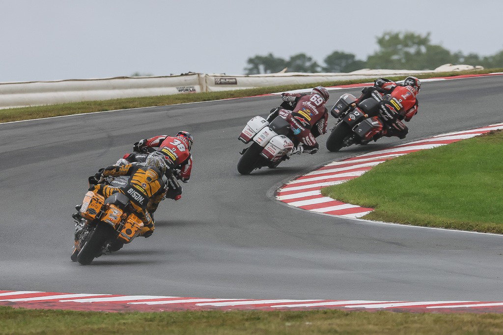 Harley-Davidson and Indian Motorcycle baggers racing in KOTB.