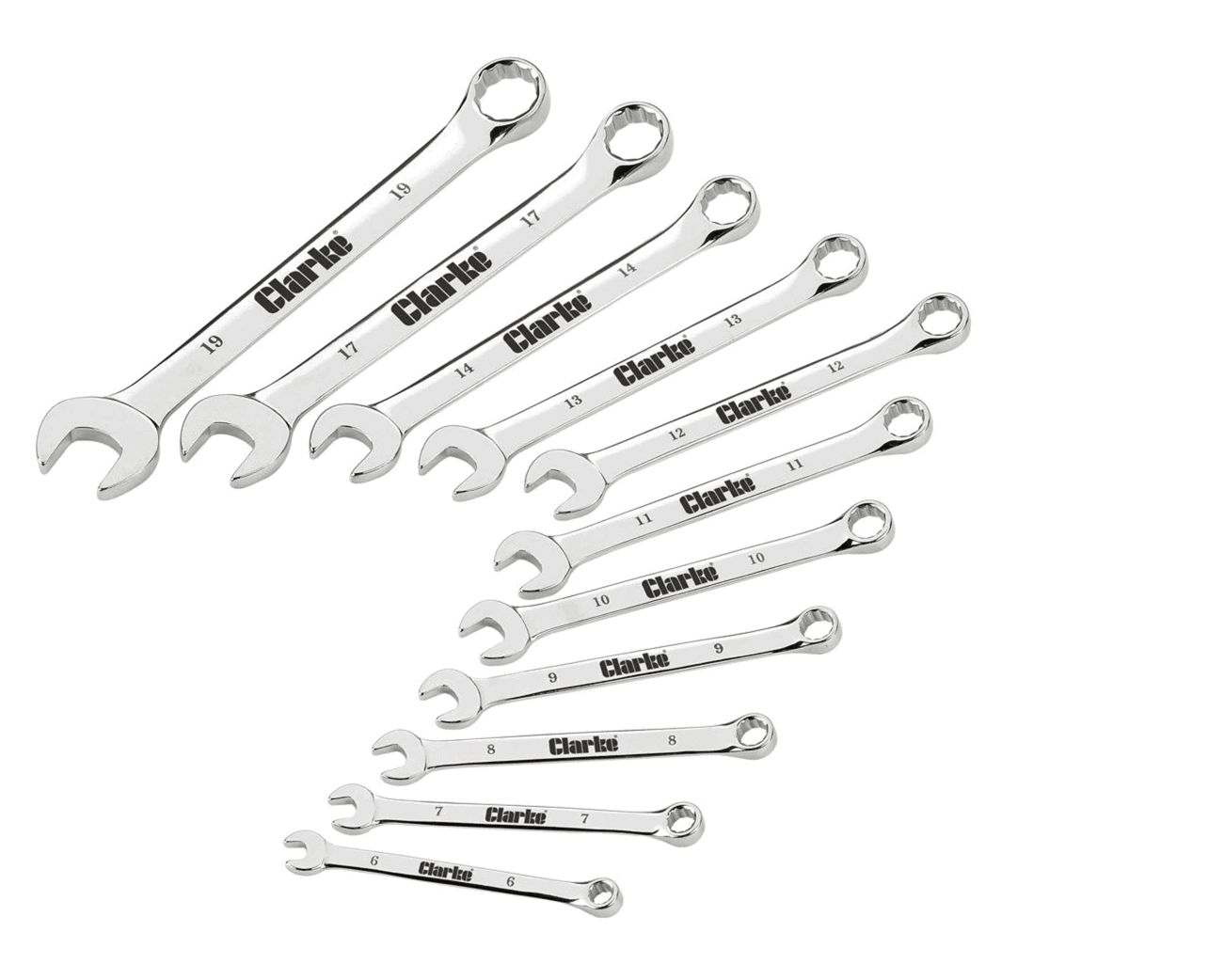 The Clarke CHT806 11 Piece 6-19mm Combination Spanner Set.