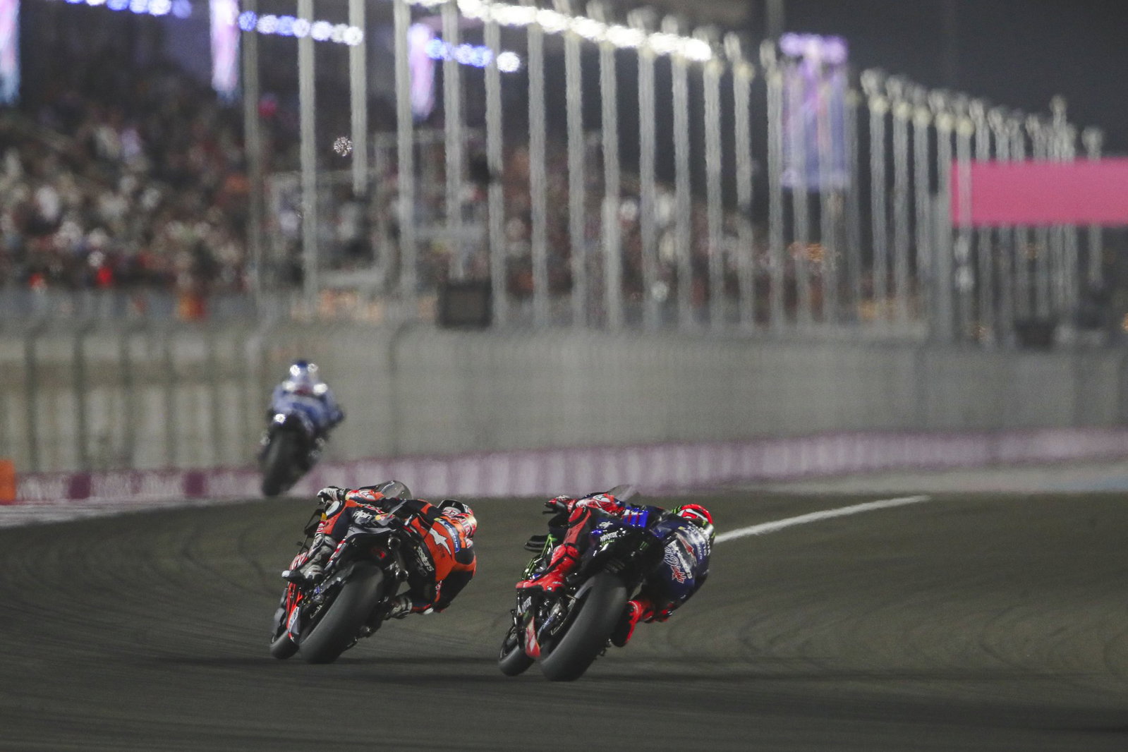 Fabio Quartararo chasing Pedro Acosta at the Qatar GP in 2025. Credit: Gold and Goose.