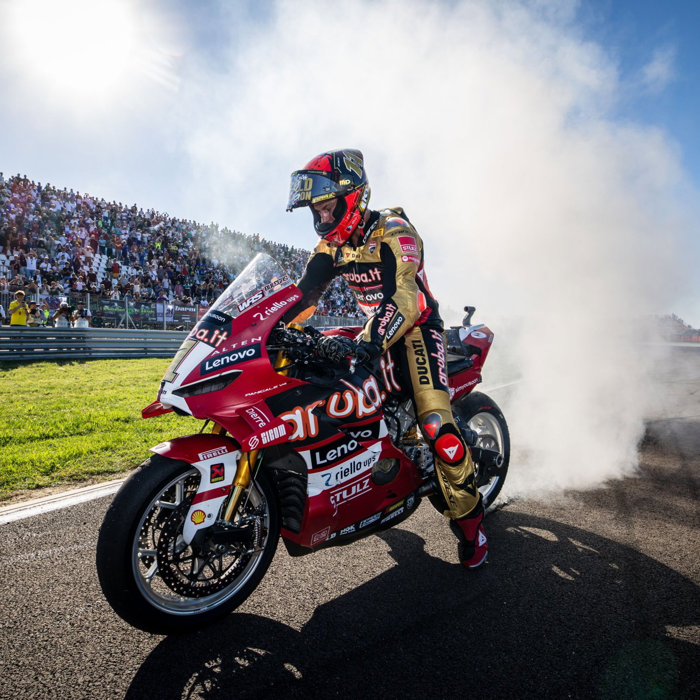 Nicolo Bulega performing a burnout after winning the WorldSBK title. Credit: Gold and Goose.