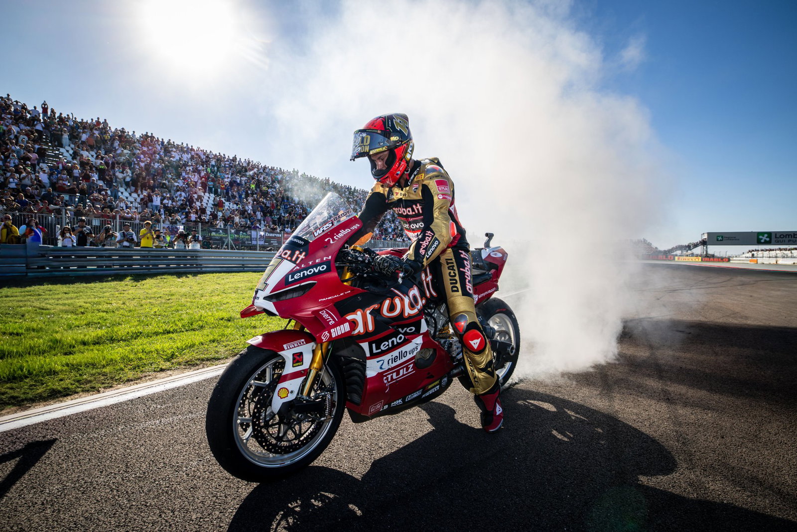 Nicolo Bulega performing a burnout after winning the WorldSBK title. Credit: Gold and Goose.