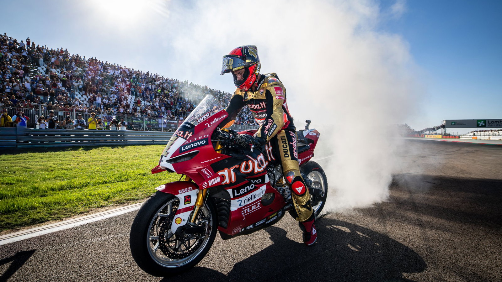 Nicolo Bulega performing a burnout after winning the WorldSBK title. Credit: Gold and Goose.
