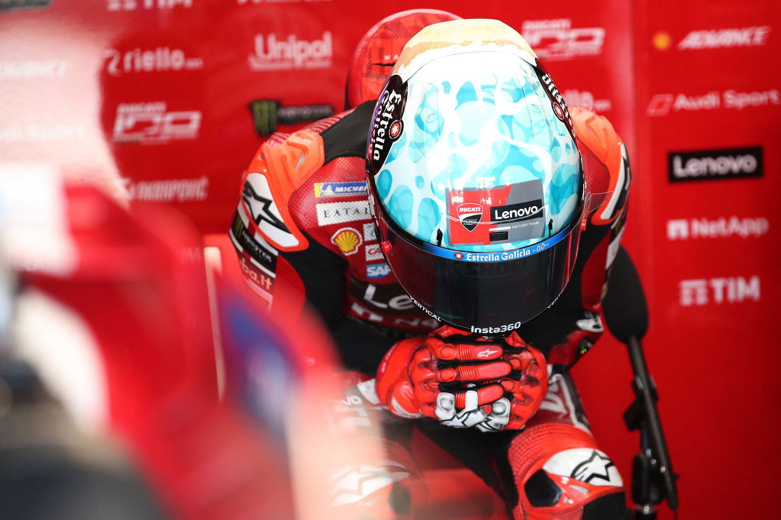 Marc Marquez in his Ducati garage. Credit: Gold and Goose.