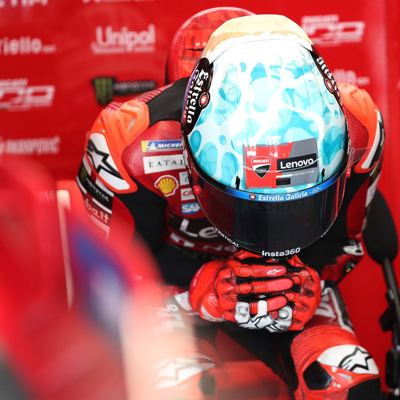 Marc Marquez in his Ducati garage. Credit: Gold and Goose.