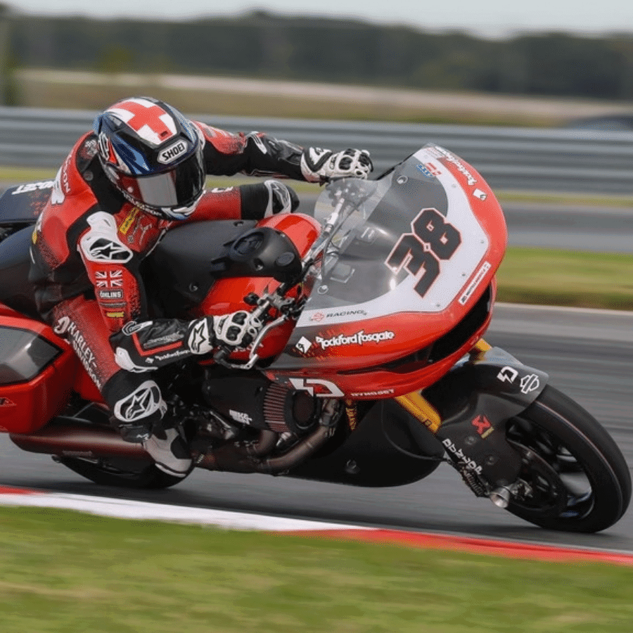 Bradley Smith riding a Harley-Davidson bagger in KOTB.
