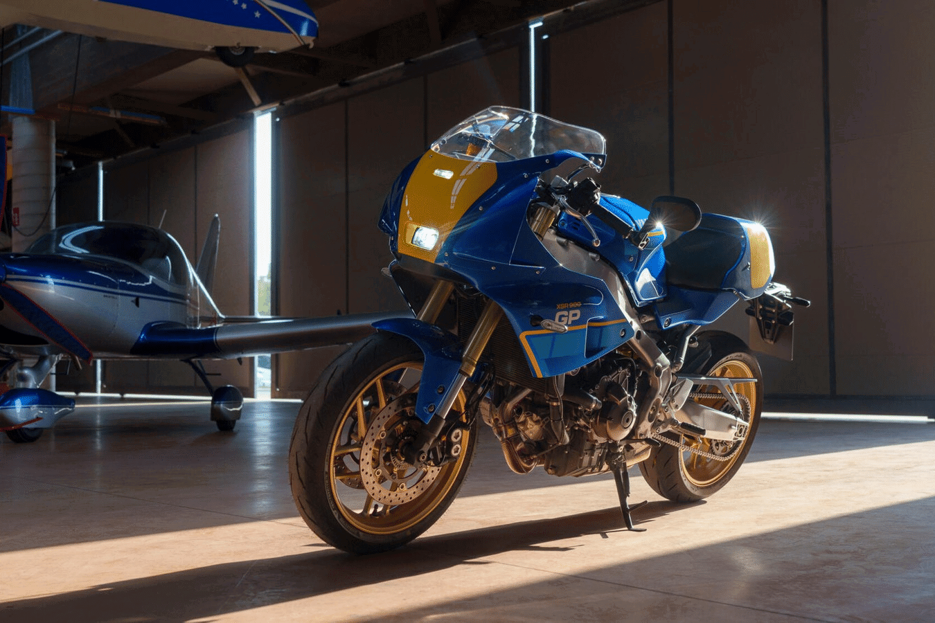 The 2027 Yamaha XSR900 GP in a Legend Blue colour scheme.